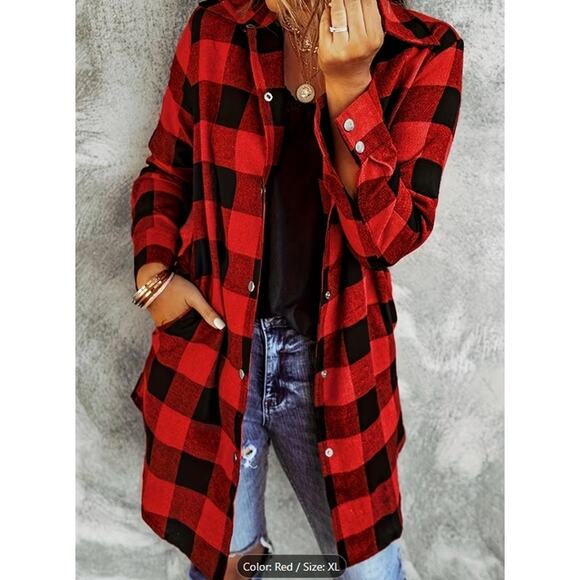 other Tops - Women's Red Plaid Button-Front Shirt-Long Sleeve - XL